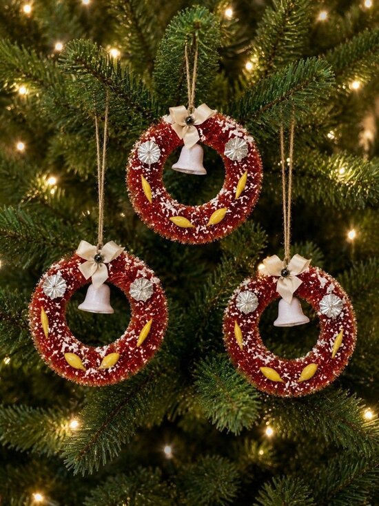 No brand detected Other - Set of 3 Vintage Bottle Brush Christmas Wreath Ornaments Bell Japan 4"